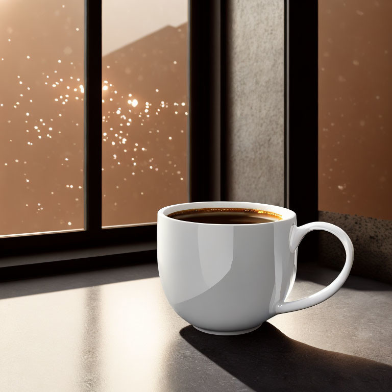 White Coffee Mug on Sunlit Table with Raindrops, Reflecting Cozy Ambiance