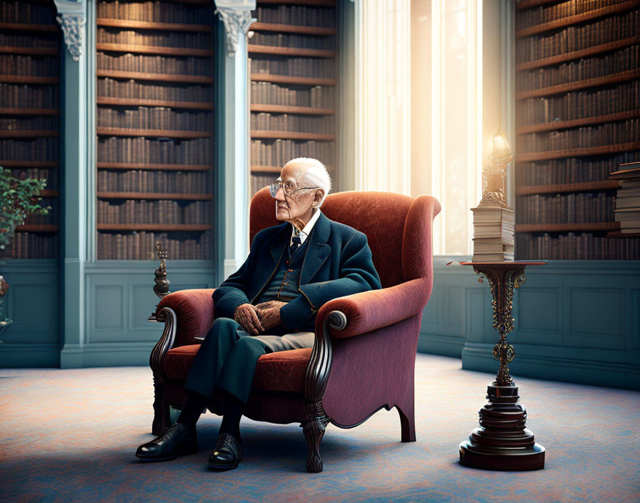 Elderly man in suit sitting in red armchair in classical library