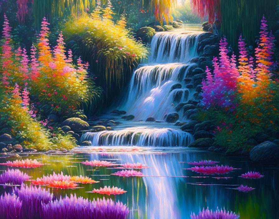 Colorful Painting of Waterfall with Flowers and Pond