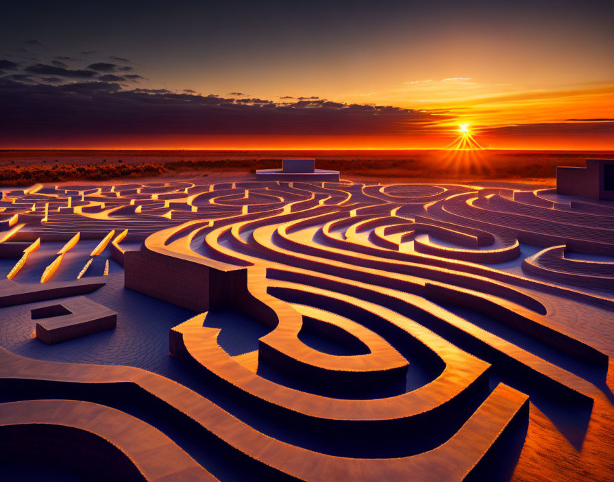 Desert sunset with circular maze and high walls