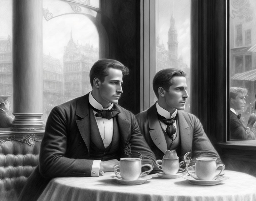 Two men in suits with bow ties at cafe table with coffee cups, discussing, European city street view