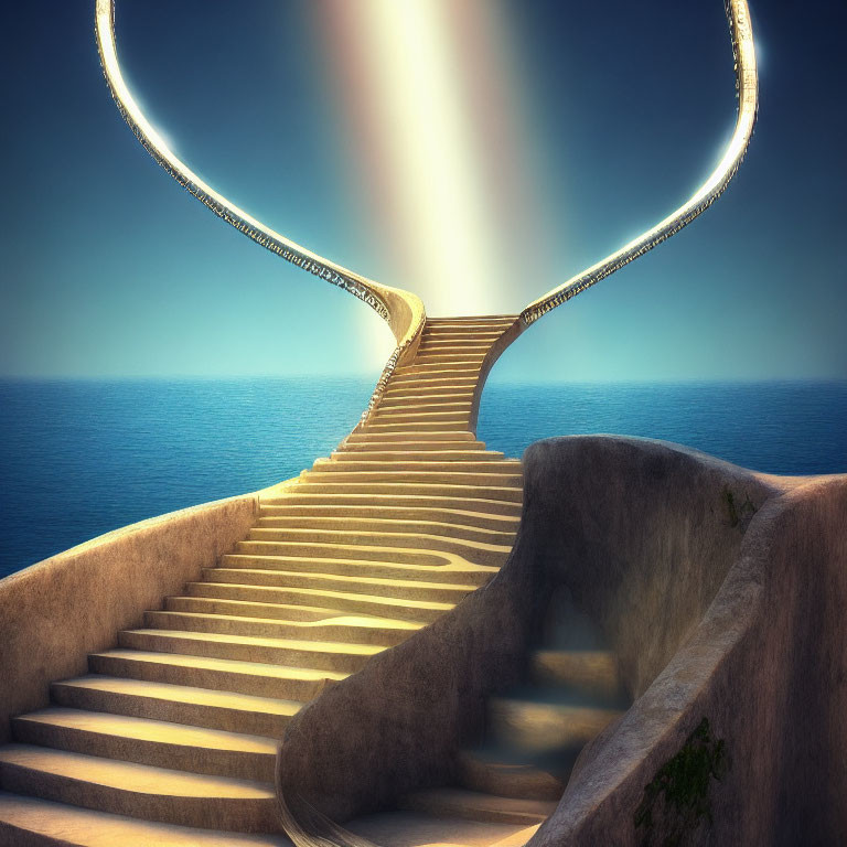 Surreal winding staircase with ocean backdrop