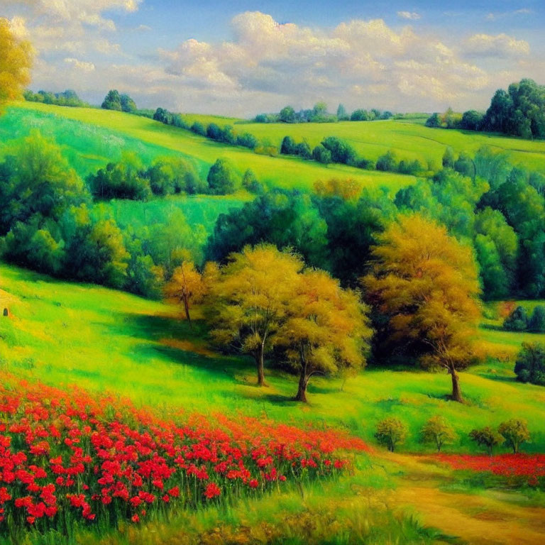 Colorful landscape painting with green hills, trees, and red flowers under a blue sky