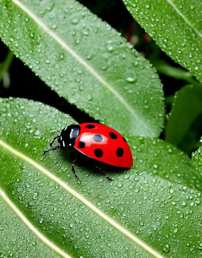 Red Ladybug with Black Spots on Dewy Green Leaf