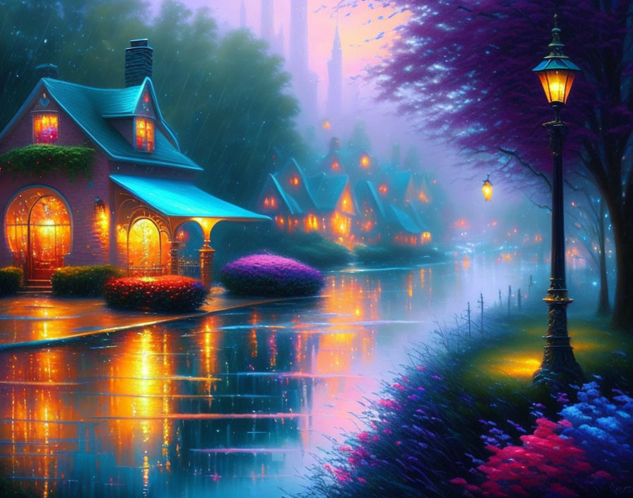 Digital Art: Rainy Twilight Scene with Street Lamps, Cottage, Pathways, and Flowers