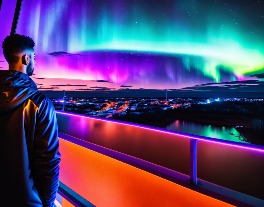 Aurora Borealis illuminates cityscape with colorful lights