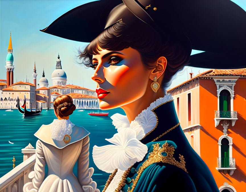 Illustration of woman in period dress with tricorne hat in vibrant Venice scene