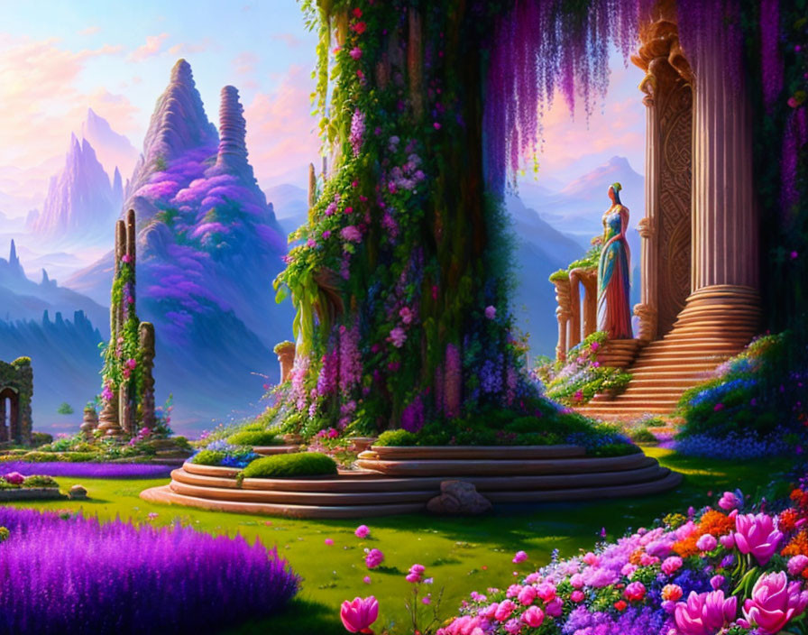 Fantasy landscape with purple flora, woman in ancient attire, distant mountains, and towering pillars.