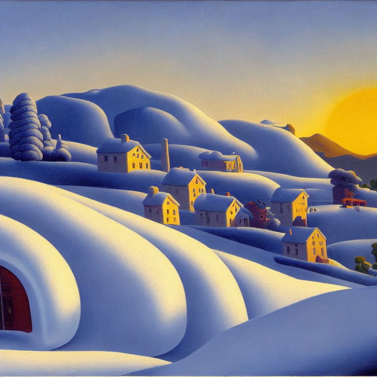 Snow-covered village painting with rolling hills and setting sun.