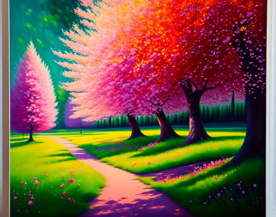 Colorful Path Painting with Pink and Purple Trees