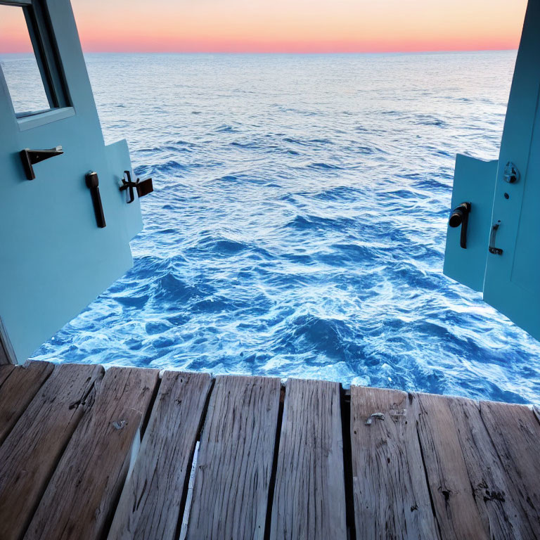 Boat with Open Doors Overlooking Serene Ocean at Sunset