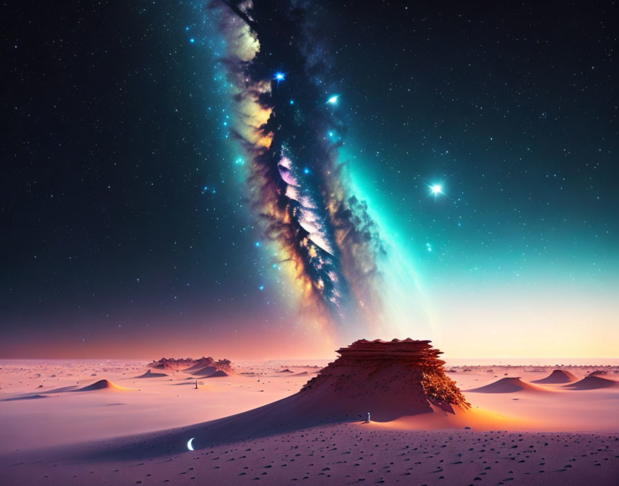 Surreal desert landscape with star-filled sky and crescent moon