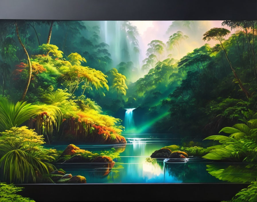 Lush Tropical Forest with Waterfall and River