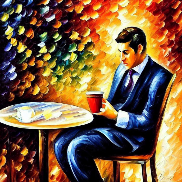 Colorful painting of man in suit with red cup and book at table