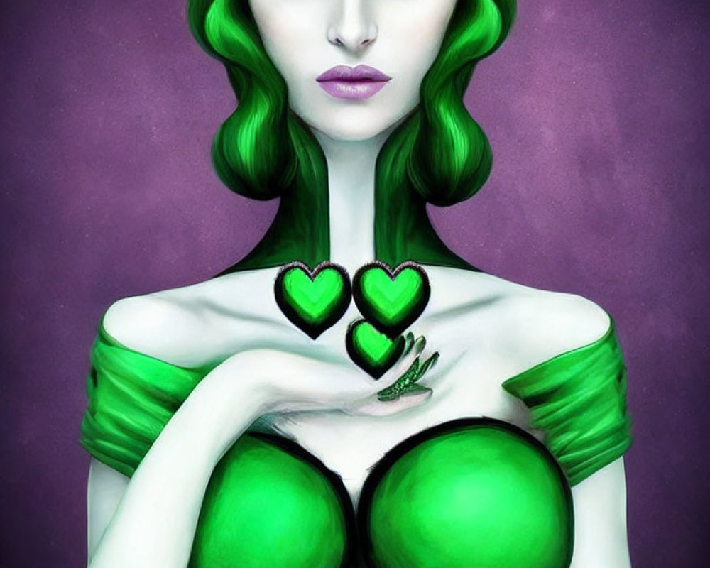 Green-haired woman with heart-shaped face paint in off-shoulder dress.