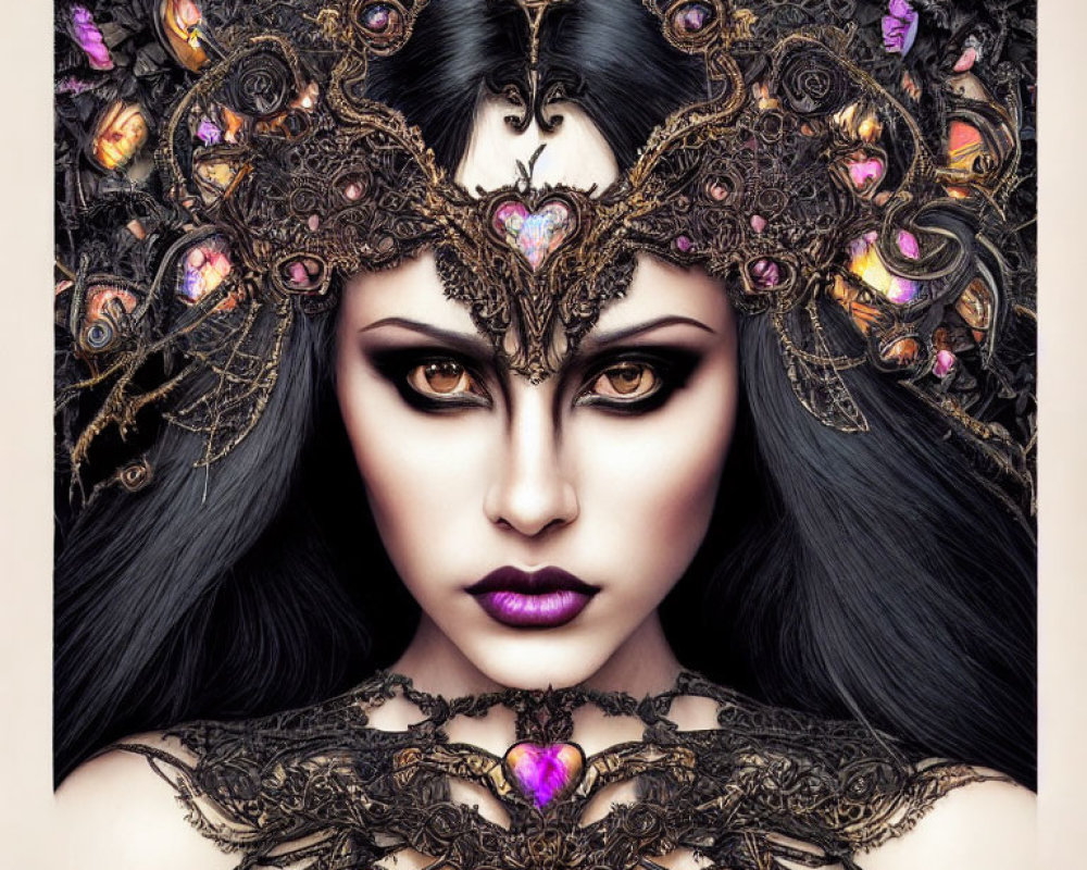 Detailed illustration: Woman with dark hair, striking makeup, ornate gothic headpiece, heart motifs