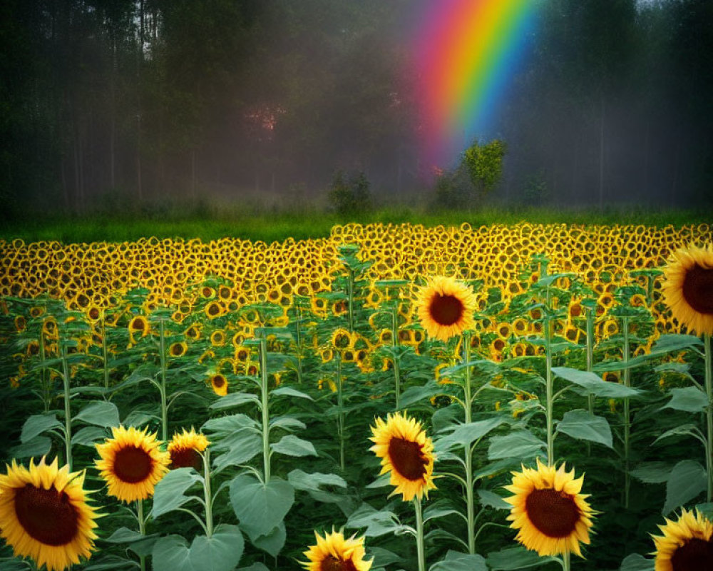 Colorful sunflowers under stormy sky with striking rainbow.