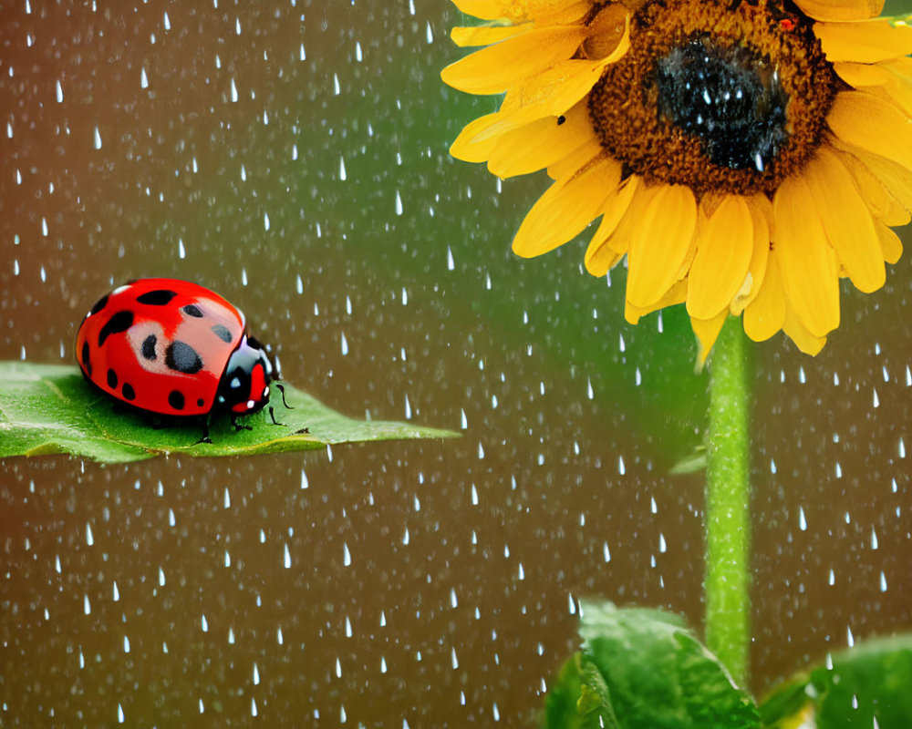 Ladybug on green leaf with sunflower in gentle rain