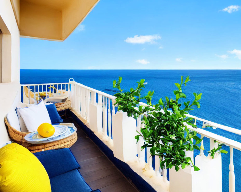 Balcony with blue cushions, rattan chair, green plants, and lemons overlooking serene ocean