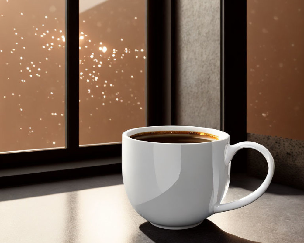 White Coffee Mug on Sunlit Table with Raindrops, Reflecting Cozy Ambiance