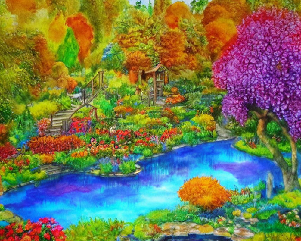 Colorful watercolor painting of lush garden with pond, flowers, and wooden bridge