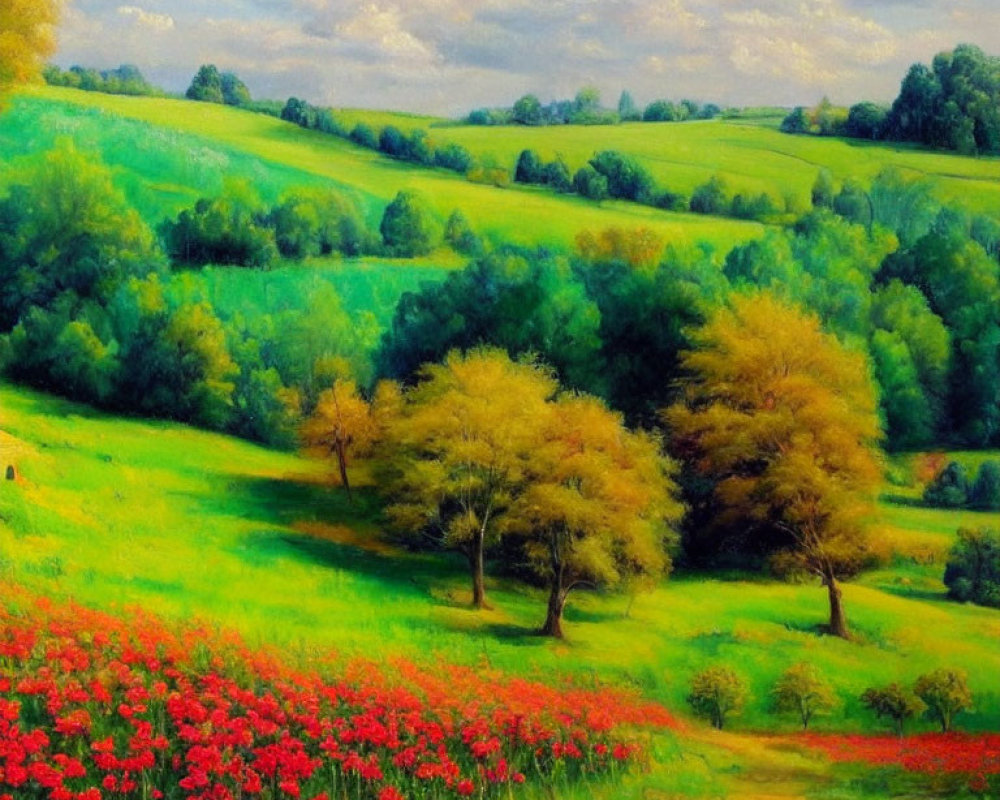 Colorful landscape painting with green hills, trees, and red flowers under a blue sky