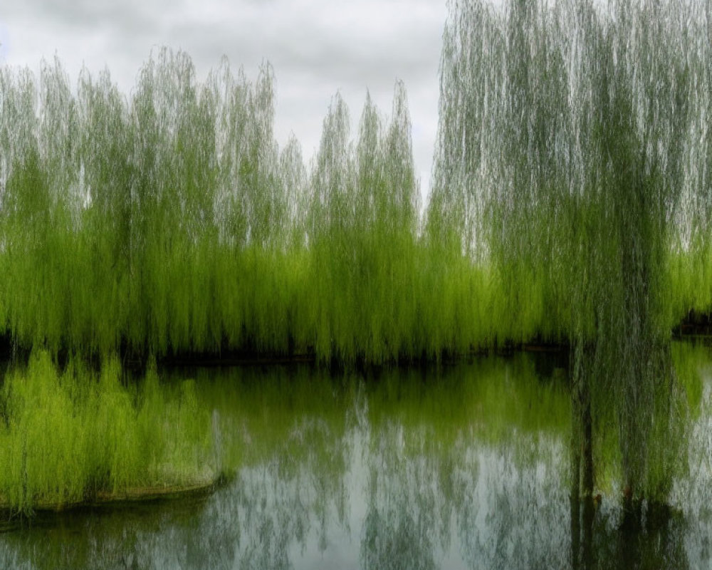 Tranquil river landscape with weeping willows and overcast sky