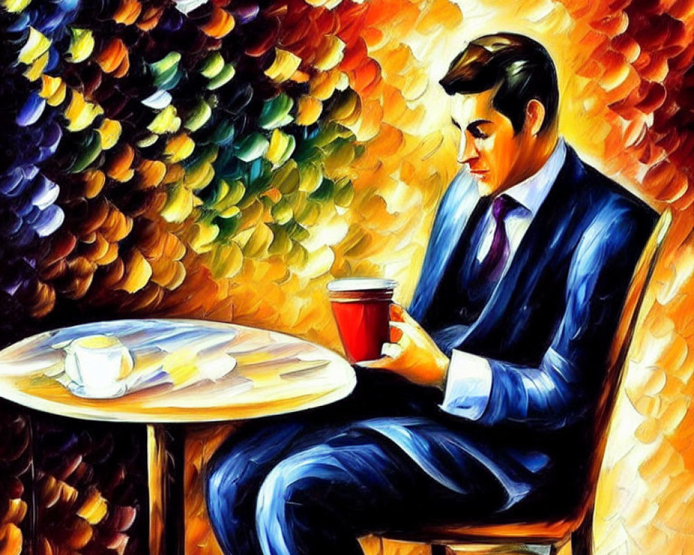 Colorful painting of man in suit with red cup and book at table