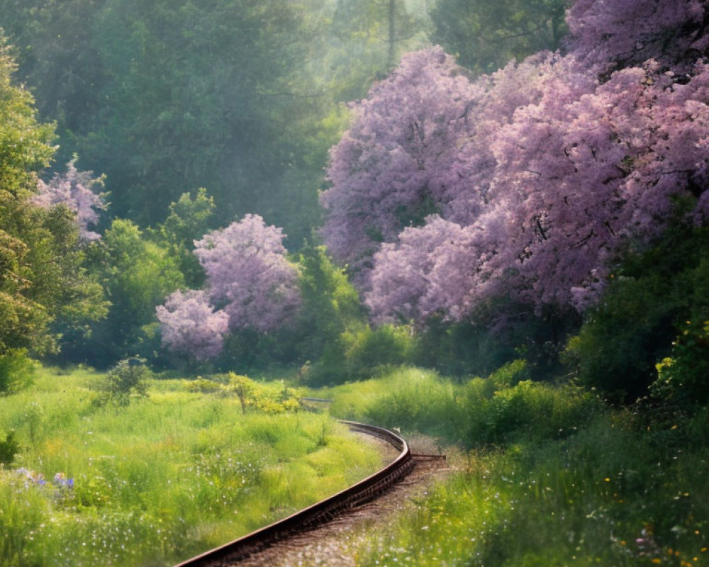 Tranquil railway track winding through lush forest with vibrant purple blossoms