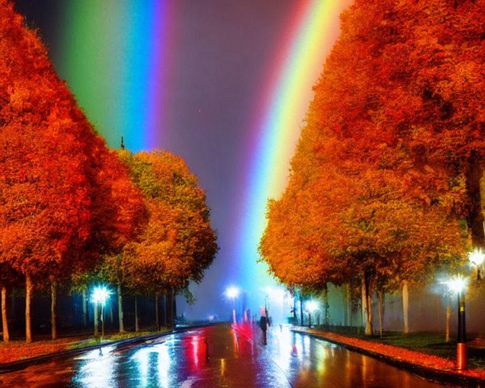 Vivid rainbow over wet autumn street with people walking