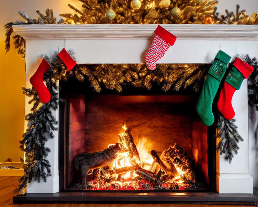 Warm Christmas ambiance with fireplace, stockings, and decorated tree.