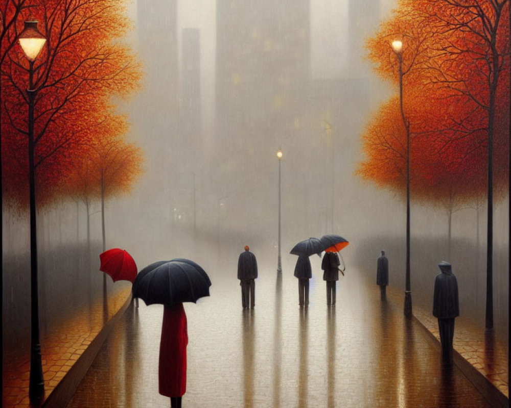 Autumnal scene with people holding umbrellas walking in mist towards skyscrapers