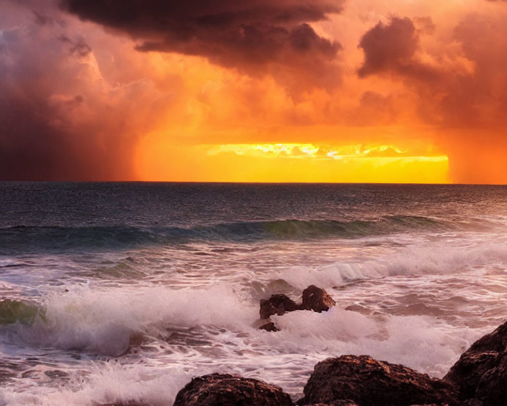 Scenic seaside sunset with glowing sun and crashing waves