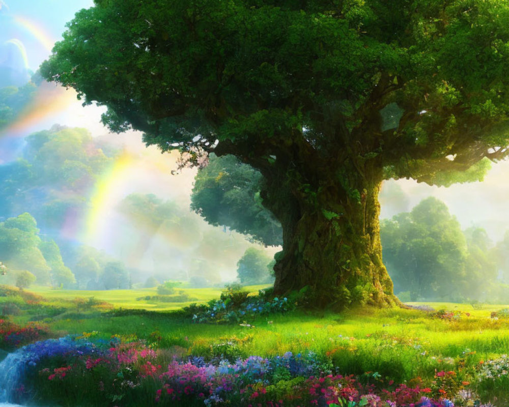 Majestic tree in vibrant landscape with rainbow, flowers, and stream