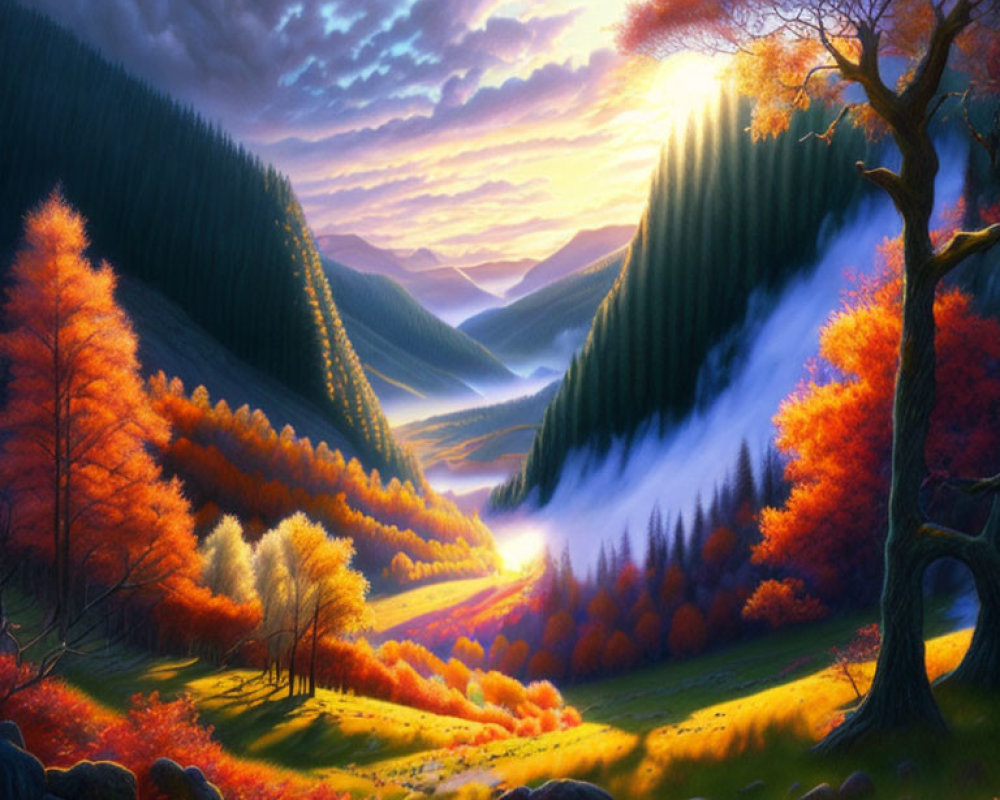 Scenic autumn landscape with sunlight, clouds, mist, and golden-orange trees