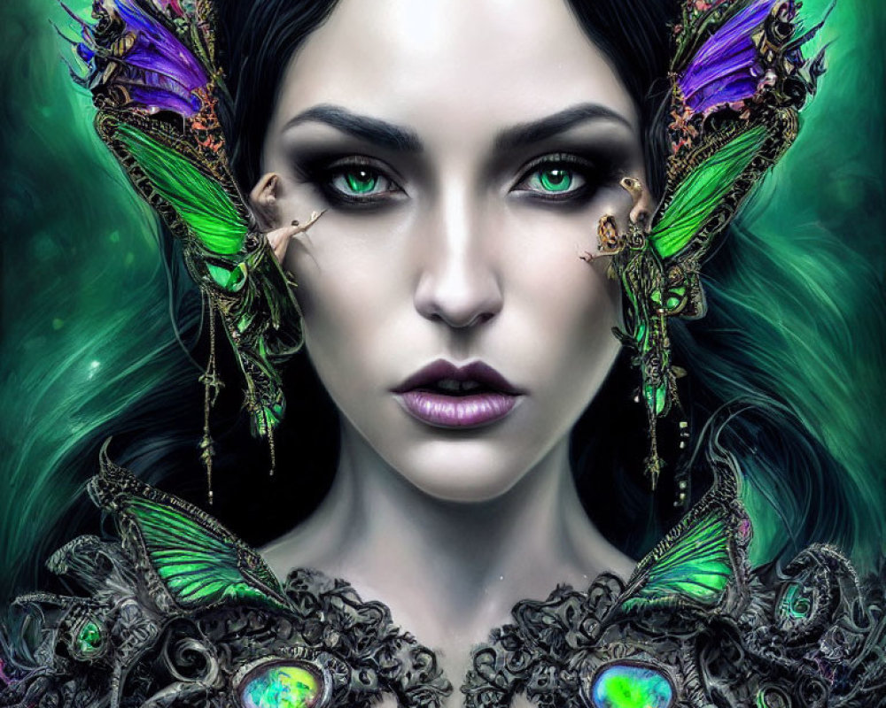 Woman with Striking Green Eyes in Butterfly Accessories and Dark Attire