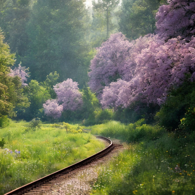 Tranquil railway track winding through lush forest with vibrant purple blossoms