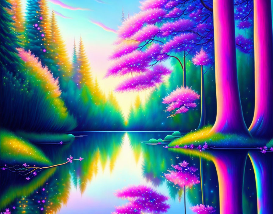 Colorful landscape with neon trees, serene lake, and sunset sky