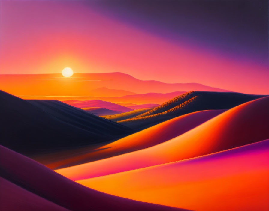 Colorful sunset painting of rolling dunes in purple and orange hues