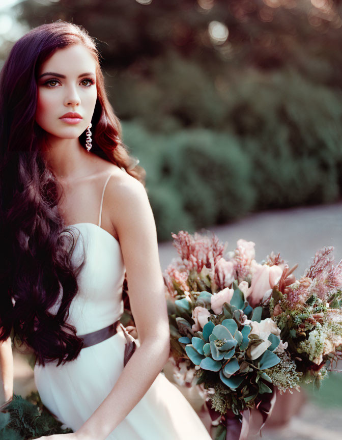 Long-haired woman in white dress holding bouquet against soft-focus background