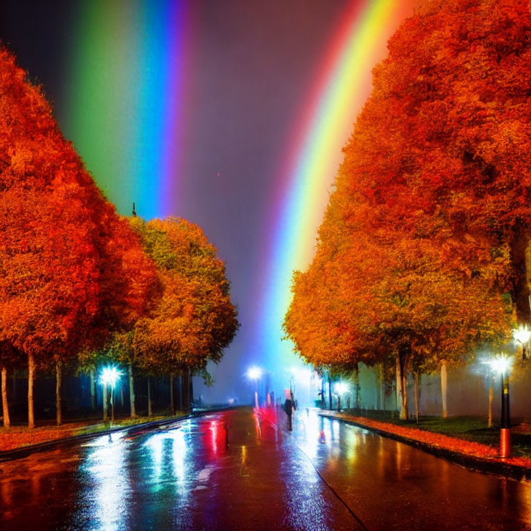 Vivid rainbow over wet autumn street with people walking