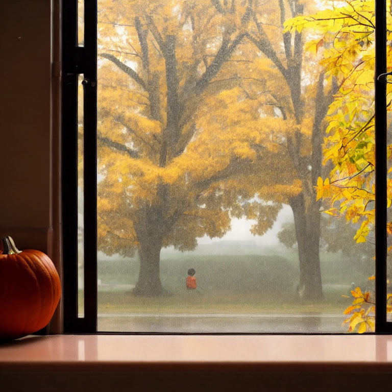 Seasonal autumn window view with golden tree foliage and pumpkins.