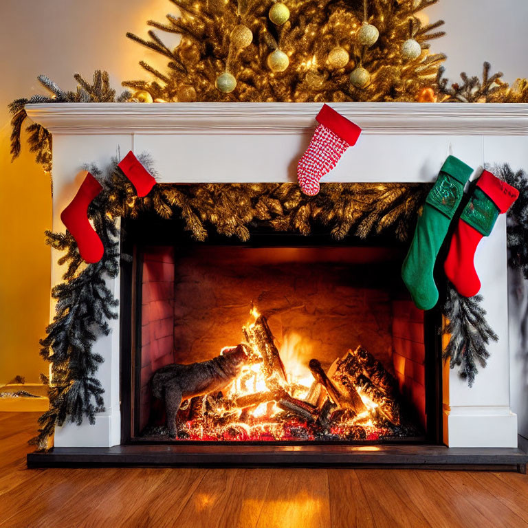 Warm Christmas ambiance with fireplace, stockings, and decorated tree.