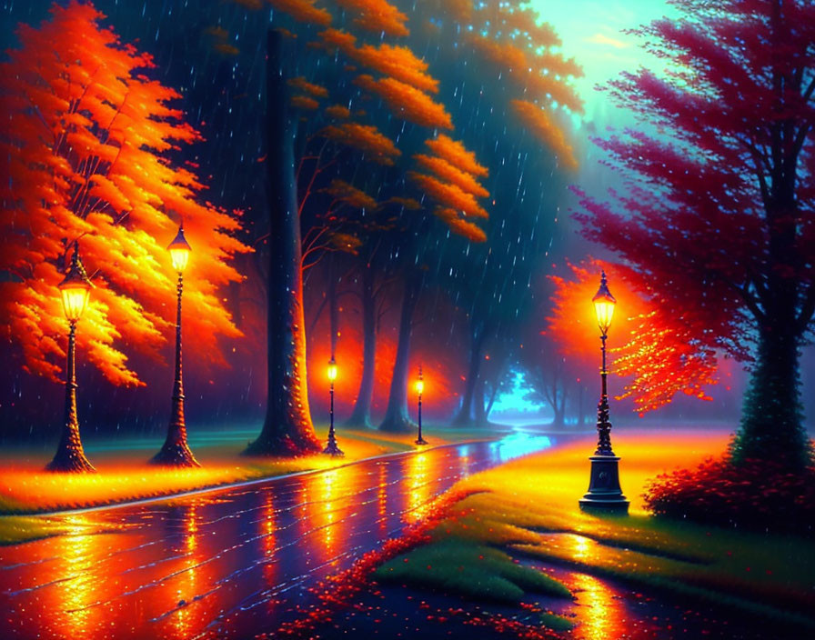 Colorful Digital Artwork: Rainy Path with Glowing Streetlamps & Autumn Trees