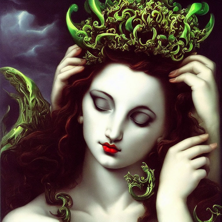 Medusa painting with solemn expression and serpents crown on stormy background