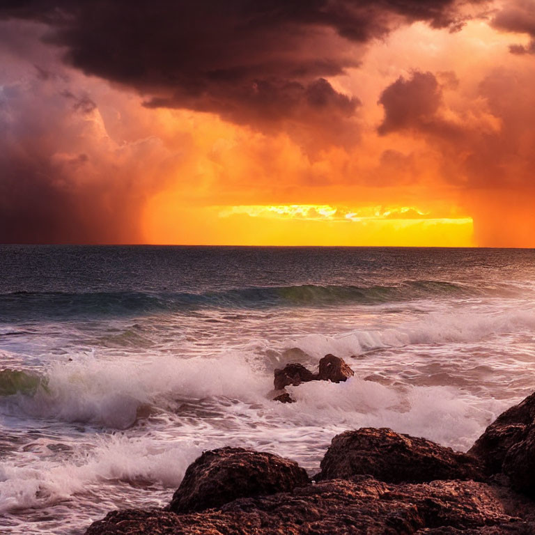 Scenic seaside sunset with glowing sun and crashing waves