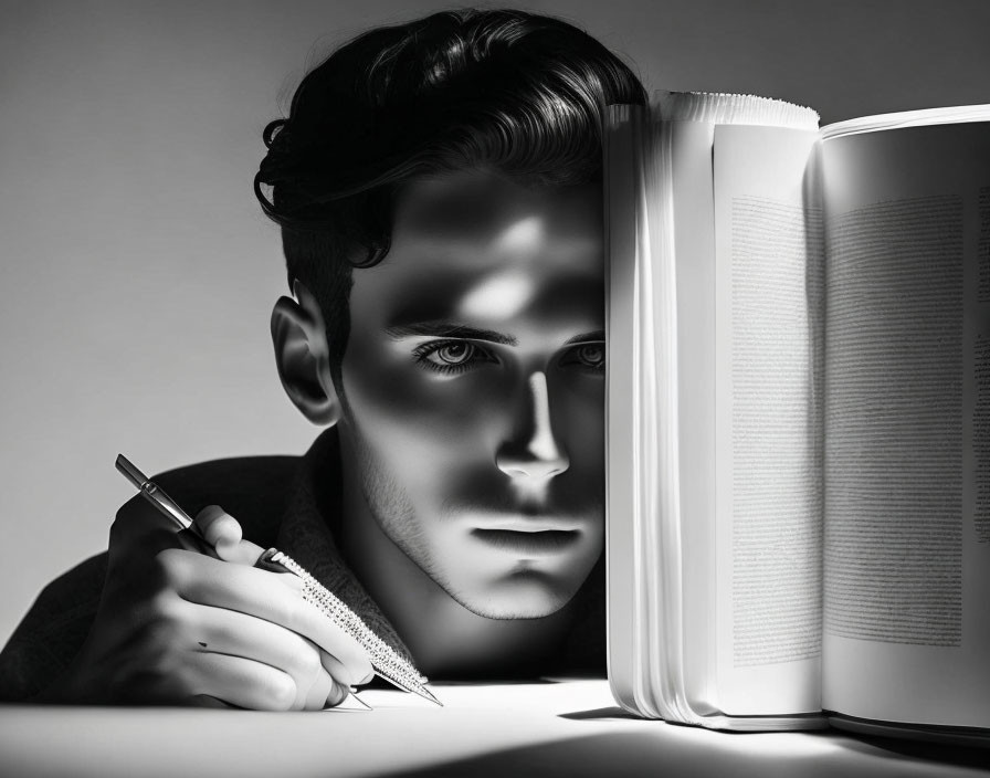 Monochrome image of man with pen and book, dramatic shadows