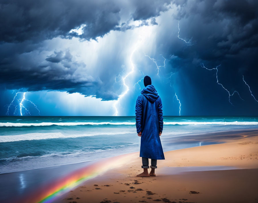 Person in blue coat on beach watches thunderstorm with lightning bolts and rainbow.