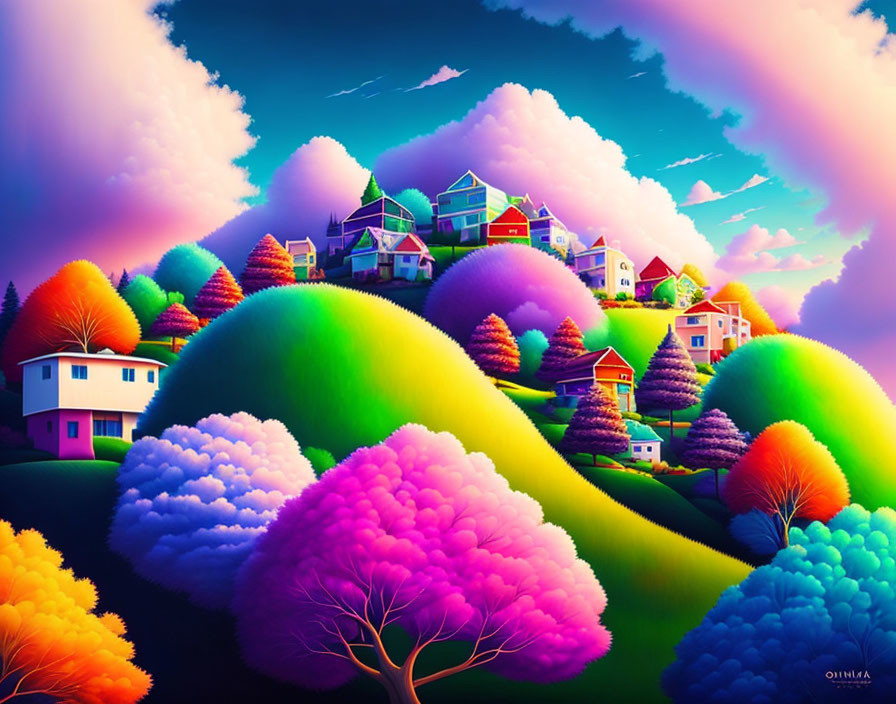 Colorful landscape with whimsical hills, vibrant trees, and charming houses under a purple-pink sky