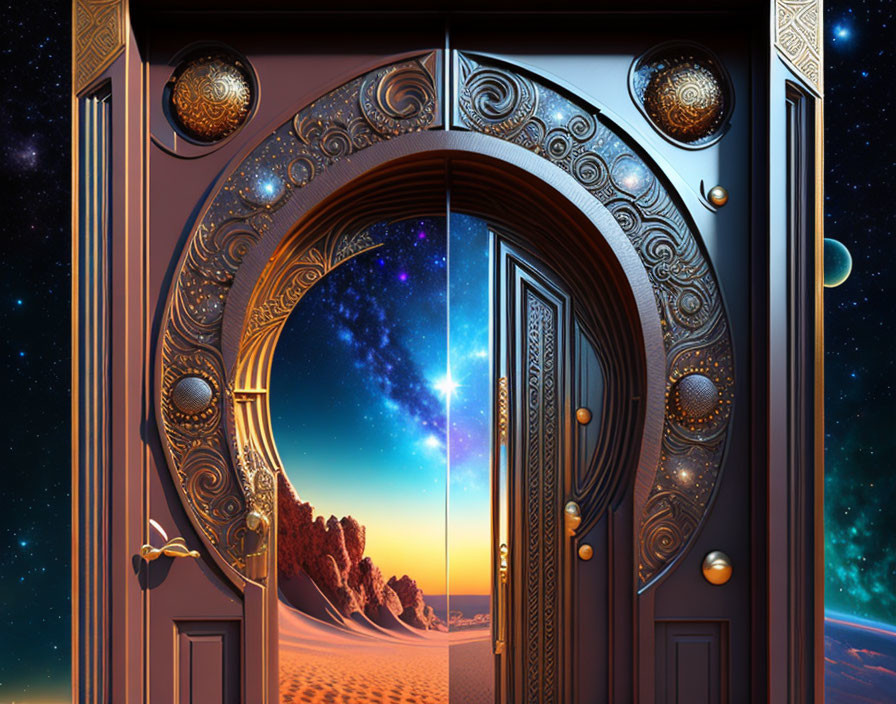 Ornate open door merges cosmic and desert landscapes